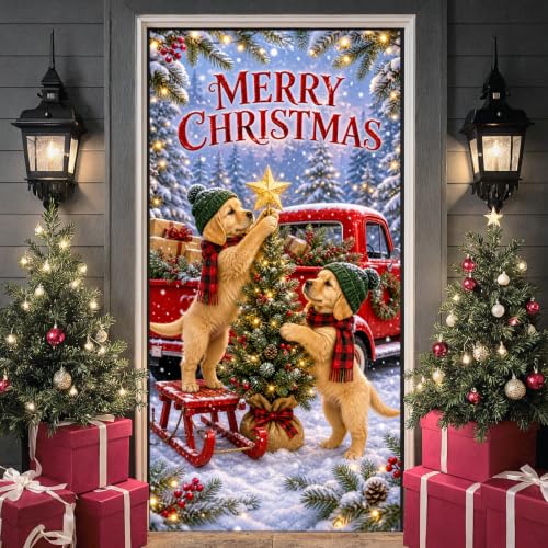 Siglowvix Dog Themed Merry Christmas Golden Retriever Door Banner 35x71 In Holiday Decor