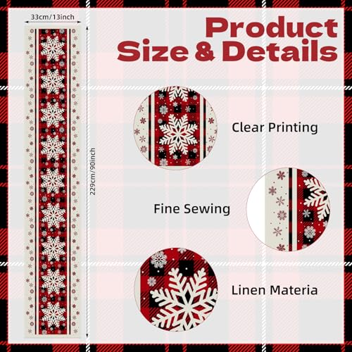 Christmas Table Runner 13x90 Inch Red & Black Buffalo Plaid Snowflake Pattern Linen