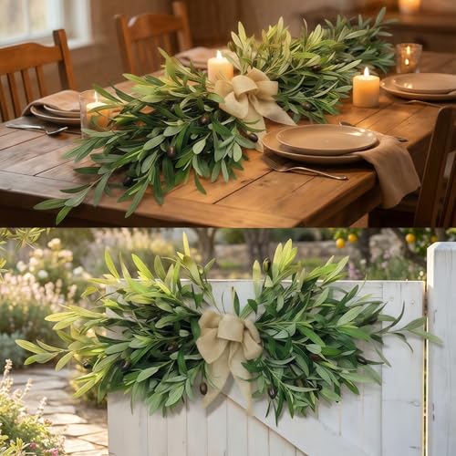 26-Inch Artificial Olive Leaf Swag with Burlap Bow for Farmhouse Decor