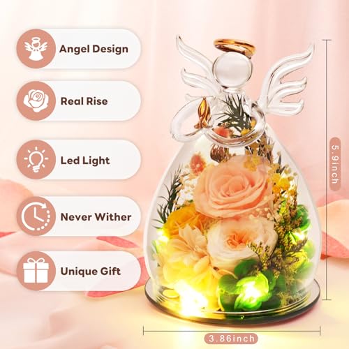 Preserved Real Rose Glass Angel Figurine with LED Light - Eternal Flower Gift