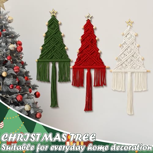 3 Pcs Macrame Christmas Tree Ornaments Set - White, Red & Green Holiday Decor