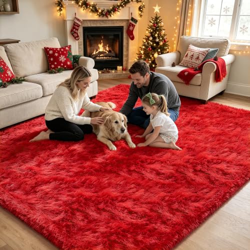 Red 4x6ft Ultra Soft Fluffy Shag Area Rug for Bedroom – Non-Slip Velvet Backing