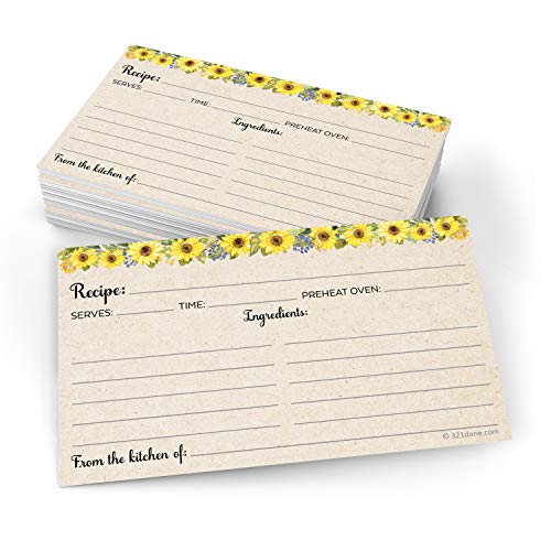 3x5 Sunflower Recipe Cards Set of 50 - Small Tan Kraft Kitchen Notes
