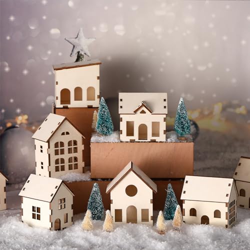 Hiboom 24 Pcs DIY Wooden Christmas Village House Set - Village House (6 Styles x 4 Each)