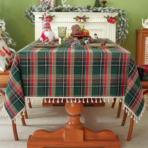 Christmas Green Buffalo Plaid Tablecloth 55x120 Inch Rectangular Washable Gingham with Tassels