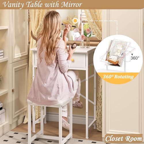 Small Makeup Vanity Desk with Mirror & Chair, Compact Dressing Table Set