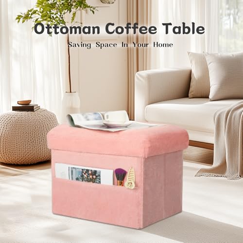 Foldable Faux Fur Storage Ottoman, Padded Foot Rest Stool, 17-Inch Pink