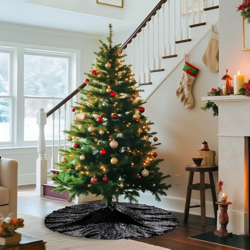 Black Sparkle Sequin Christmas Tree Skirt - 36 Inch Xmas Decor Mat