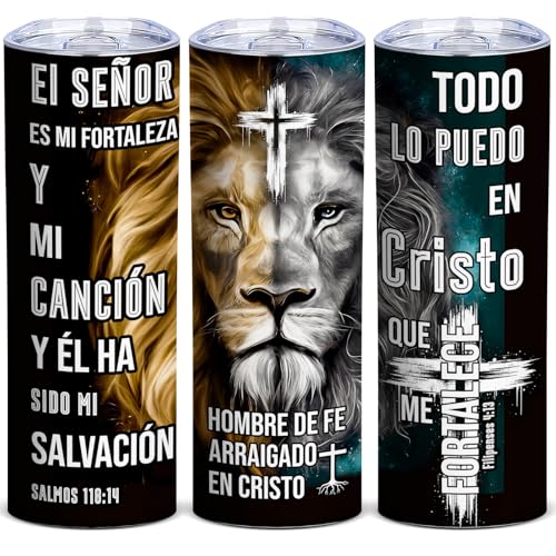 TUMBTU 20oz Christian Tumbler with Lion & Cross—Fueled by Faith, Spanish Bible Verses