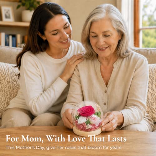 FIACO Pink Preserved Rose Gift in Glass Dome with LED Light - Long-Lasting Flower Decoration for Women, Mom, Wife, Valentine's Day, Christmas