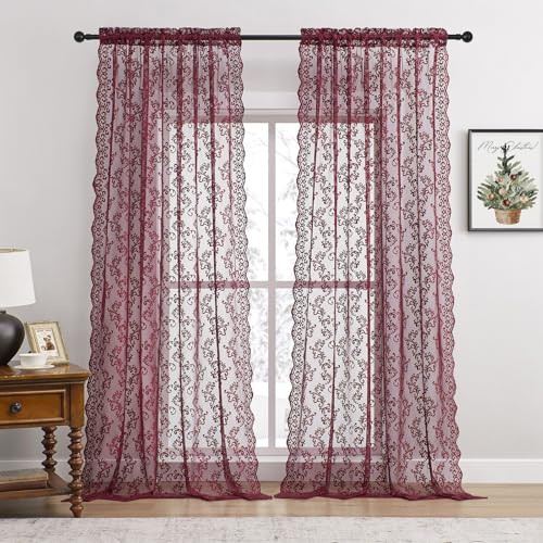 Burgundy Lace Curtains 84 Inches Long - 2 Panels Light Filtering Drapes