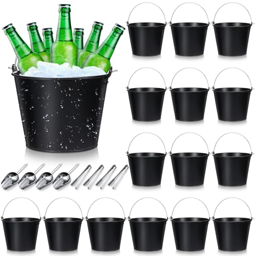 Matte Black Galvanized Beer Buckets Set with Ice Scoops & Tongs - 24 pcs