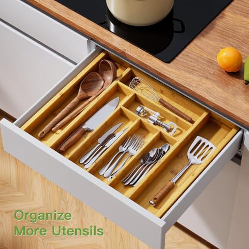 Expandable Bamboo Silverware Drawer Organizer - Adjustable Cutlery Tray