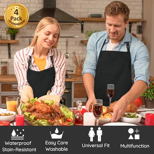 4-Pack Waterproof Kitchen Bib Aprons with Pockets, Adjustable & Washable