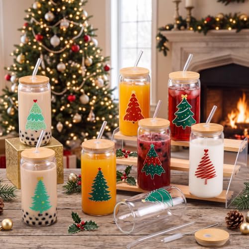 Tioncy 8 Pcs 16oz Christmas Tree Glass Cups with Bamboo Lids, Straws & Brush Set (Christmas Variation)