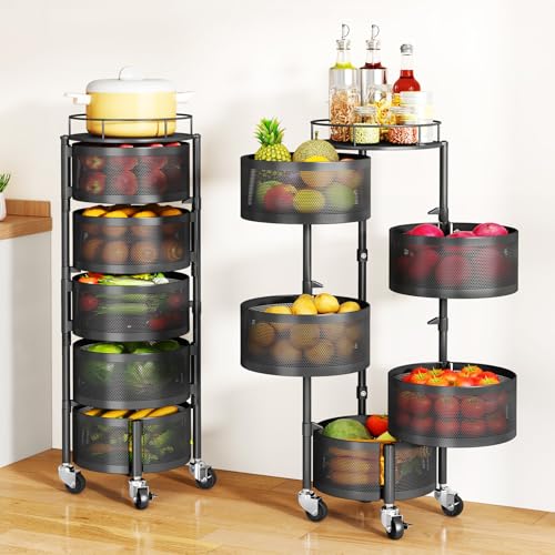 5-Tier Rotating Kitchen Storage Cart, Rolling Metal Wire Fruit Basket Stand