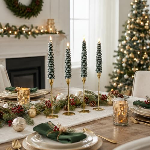 Green Christmas Flameless Tree Candles with Snowflakes - Remote, 4 Pack