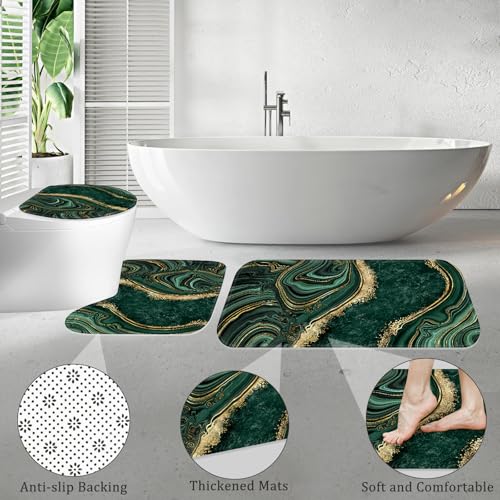 Emerald Green Marble 4-Piece Bathroom Decor Set with Shower Curtain & Rugs