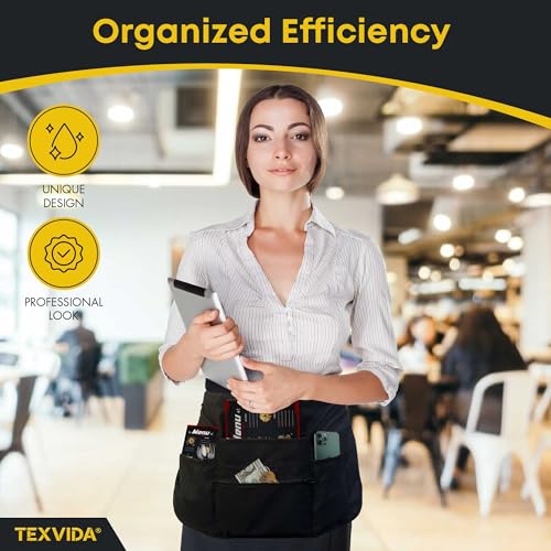 7-Pocket Server Apron with Zippered Money Pouch & Buckle Closure, Black