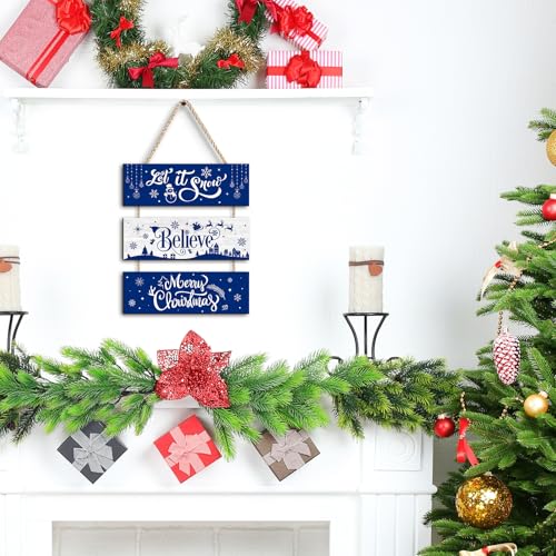 Blue Christmas Wall Hanging Decor Rustic Wooden Ornaments Set - Let It Snow, Merry Christmas, Happy Holidays Sign
