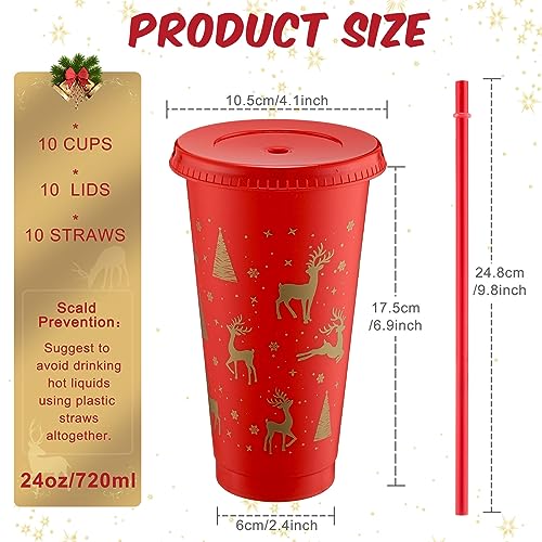 Sliner 10pcs Red & Gold Christmas Plastic Cups with Lid & Straw 24oz