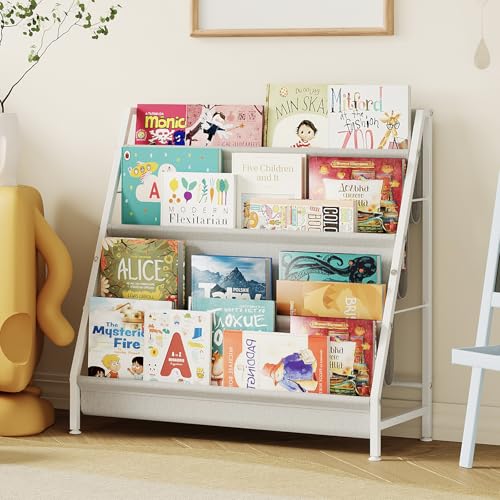 4-Tier Kids Bookshelf with Canvas Pockets and Sturdy Iron Frame