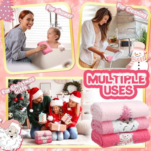 Pink Christmas Hand Towels Set 3 - 13.78 x 29.53 in with Santa Claus Design, 100% Cotton