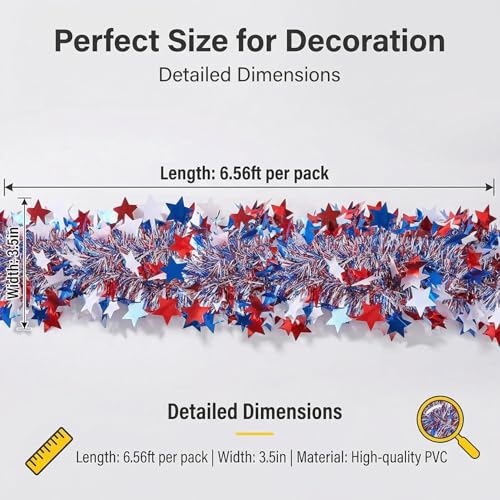 Patriotic Tinsel Garland 5-Pack (32.8 ft) - Red White & Blue Metallic Star Decor
