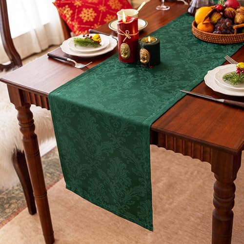 Joyfol Day 14x60 Inch Jacquard Green Damask Table Runner, Waterproof Xmas Holiday