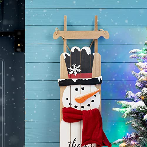 Glitzhome Wooden Snowman Welcome Wall Sign (42in) - Front Door Porch Rustic Snowman