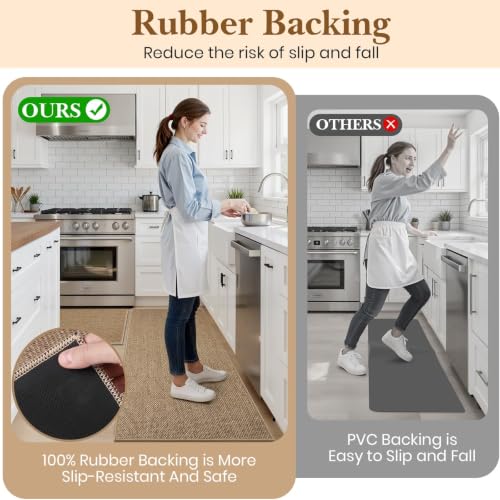 Washable Kitchen Rug Set of 2, Non-Slip Chenille Floor Mats, Khaki