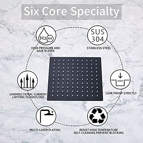 6-Inch Square Rainfall Shower Head, High Pressure Stainless Steel Black