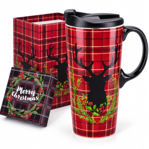 Topadorn Christmas Plaid Deer Ceramic Coffee Mug with Lid, 17oz Travel Cup
