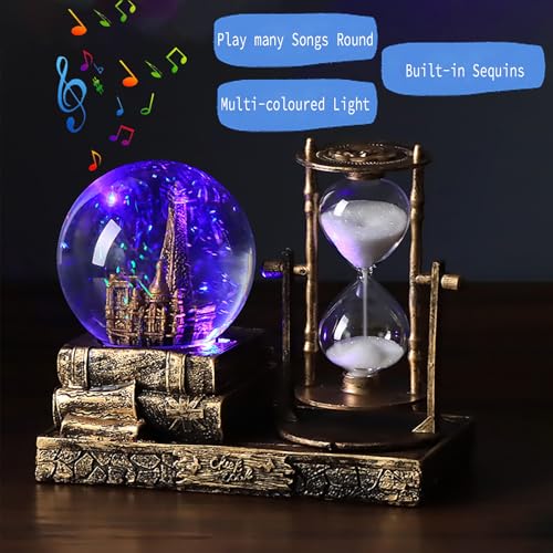 Vintage Paris Eiffel Tower Snow Globe with Hourglass and LED Music