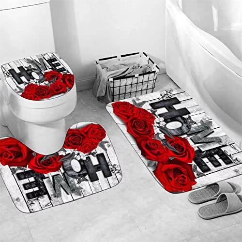 4-Piece Red Rose Shower Curtain Set with Non-Slip Bath Rug and Mats