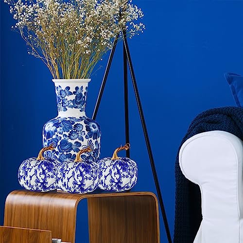 Set of 4 Blue and White Fabric Pumpkins - Chinoiserie Fall Table Decor
