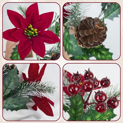 Deep Red Artificial Poinsettia Flowers Christmas Decoration 12 Pack - Velvet Faux Bouquets for Holiday & Indoor Decor