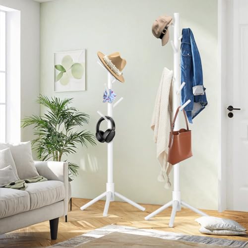 Freestanding Wooden Coat Rack - 8-Hook Adjustable Pine Clothes Tree, White