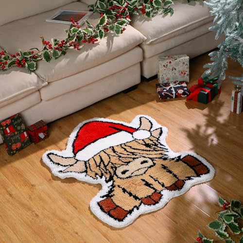 Christmas Highland Cow Rug 35x35 Inch Non Slip Bathroom Mat - Festive Decor