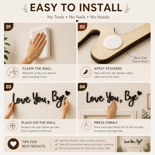 Love You Bye 3D Wooden Wall Sign for Entryway and Above-Door Decor
