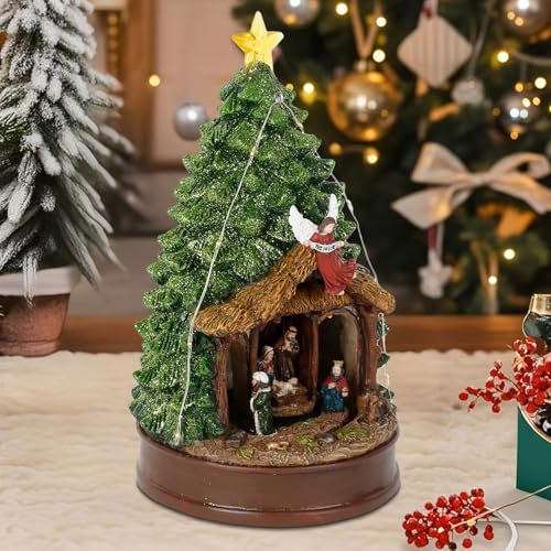 Nativity Scene Figurines with LED Lights & Music - Christmas Tree & Rotating Display - Variation: Christmas Tree Nativity House