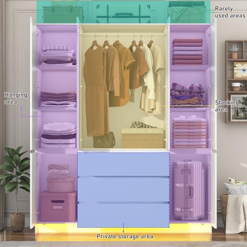 Modern 4-Door Wooden Wardrobe Armoire with Mirror, Drawers & RGB LED Lights