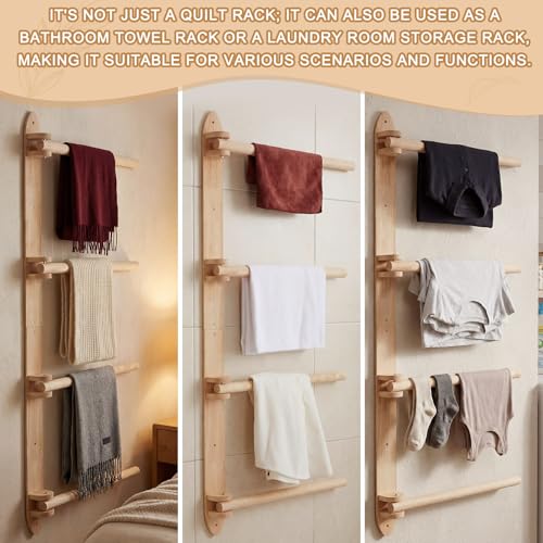 Wall-Mounted Quilt Rack with 4 Rotating Arms, Wooden Blanket Storage Holder