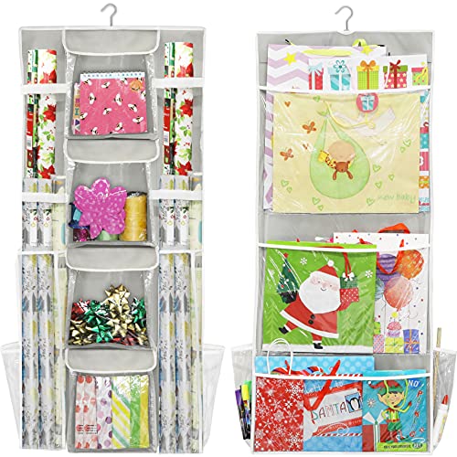 Double-Sided Hanging Gift Wrap Organizer with Pockets, Gray