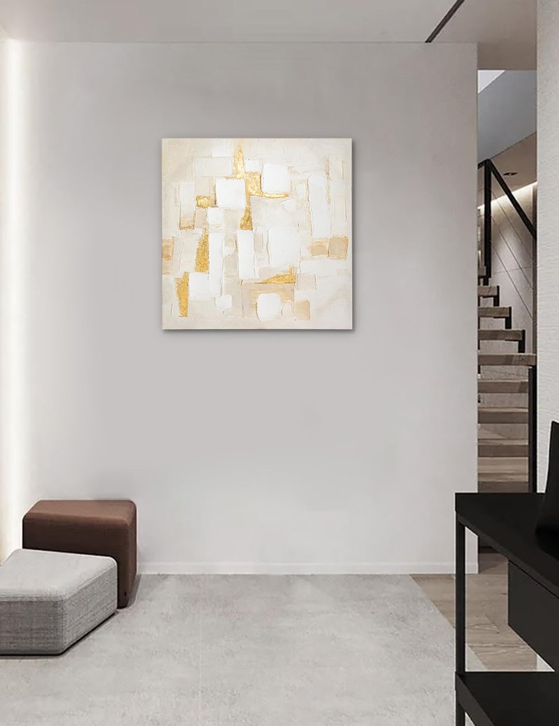 Briful Neutral Abstract Wall Art for Living Room, Textured White and Gold Canvas Wall Decor, Modern Minimalist Square Wall Art for Bedroom, Entryway, Office, Ready to Hang, 23.6" x 23.6"