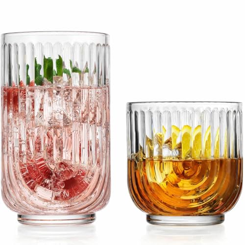 16-Piece Ribbed Glassware Set, Art Deco Highball and DOF Drinking Glasses