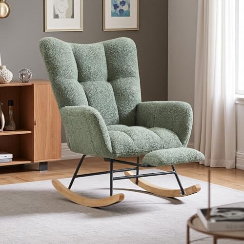 HEAHOLD Green Teddy Fabric Rocking Chair with Anti-Slip Base, 35.4" Plush Glider for Nursery & Living Room