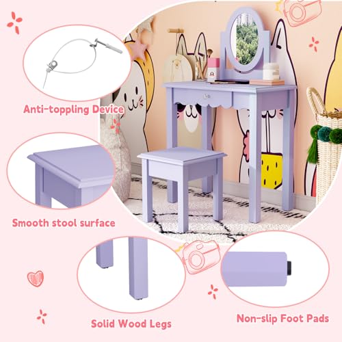 Kids Vanity Set with Mirror, Stool, and Drawer - Purple Wooden Makeup Desk
