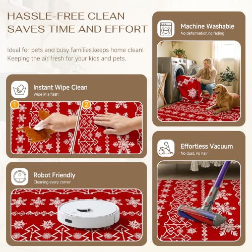 PureCozy 8' x 10' Christmas Snowflake Area Rug, Red – Washable, Non-Slip