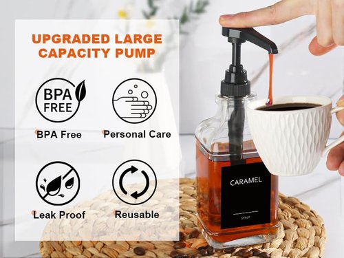 GMISUN Coffee Syrup Dispenser, 16.9 fl oz Syrup Pump Dispenser for Coffee Bar Accessories, Square Glass Syrup Bottle for Coffee Bar Essentials, Simple Maple Syrup Bottles with ¼oz Large Capacity Pump